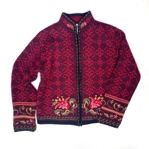 Vintage Tally Ho 100% Wool Floral Zip Cardigan Sweater Red Small Petite